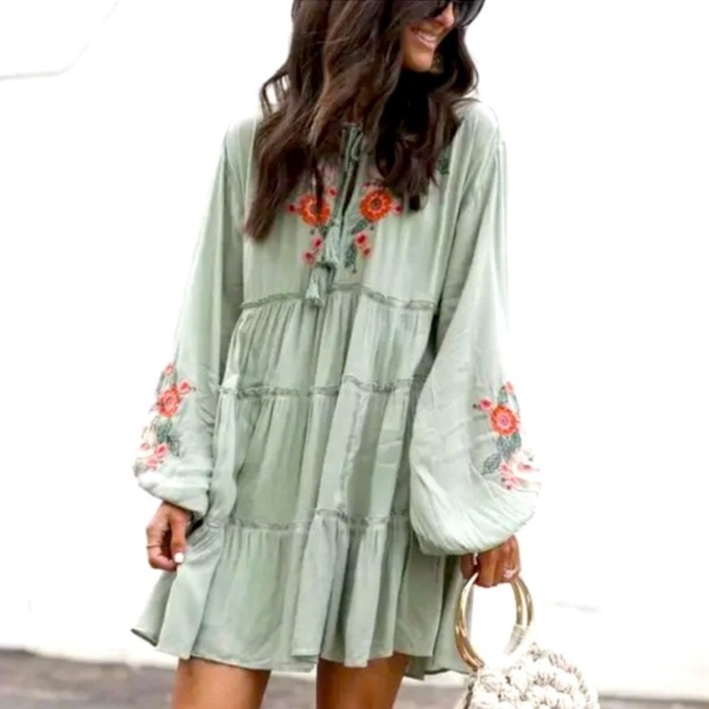 Free People Women's Spell On You Embroidered Tiered Mini Dress Green Size XS